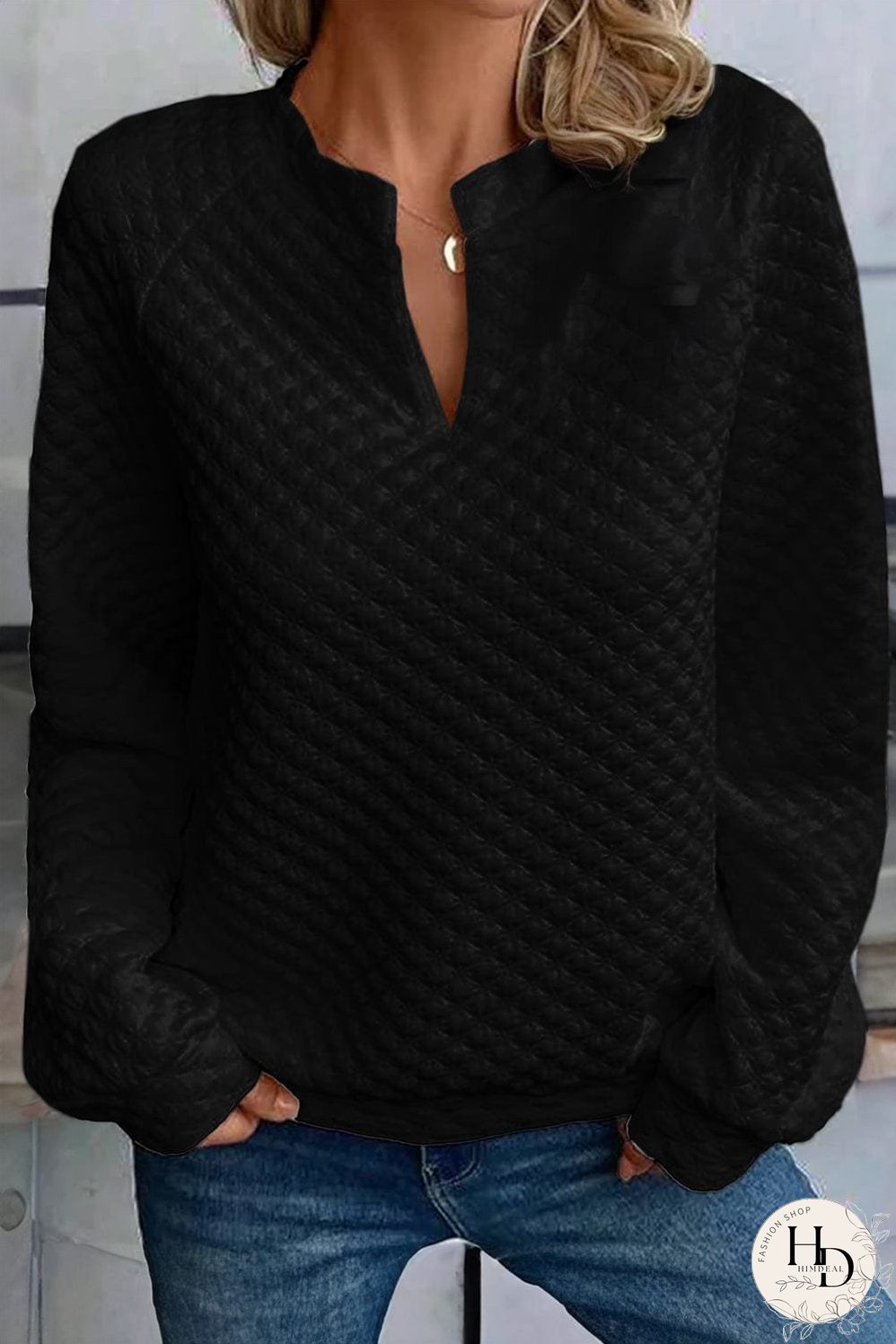 Chic Black Quilted Split Neck Long Sleeve Blouse