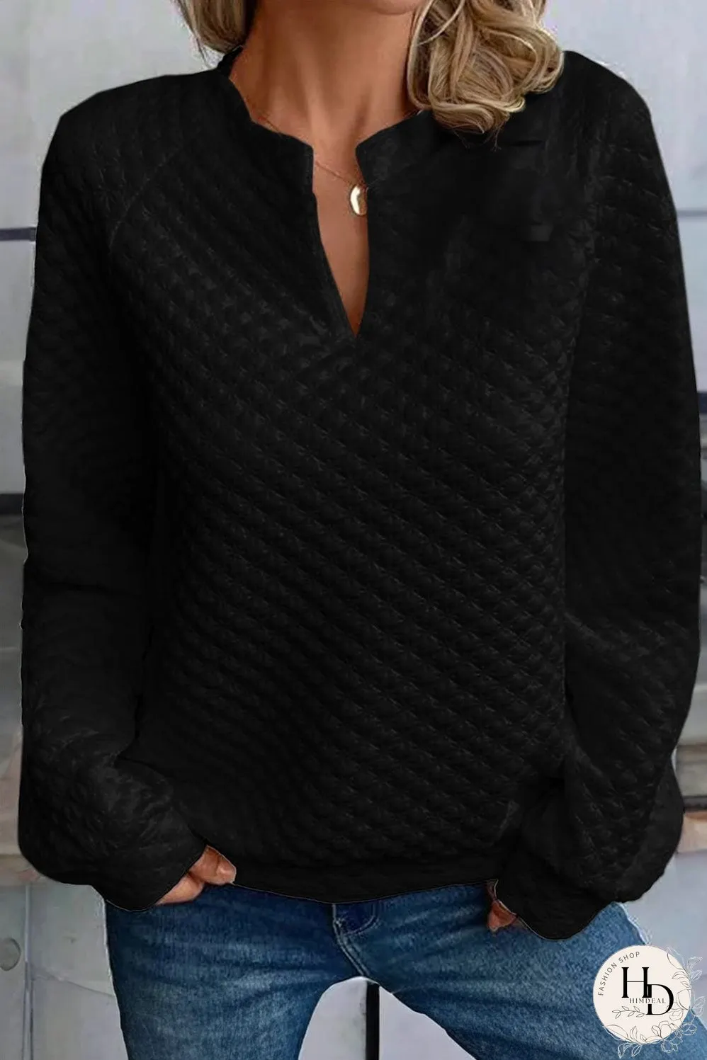 Chic Black Quilted Split Neck Long Sleeve Blouse