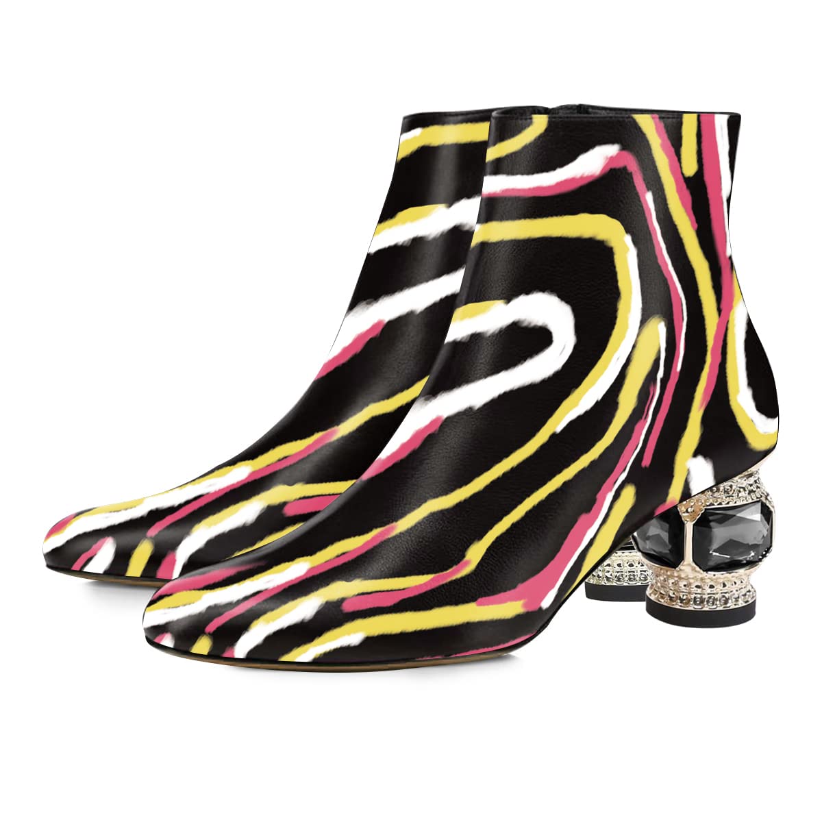 Colorful Pointed Toe Decorative Heel Side-Zip Elegant Ankle Boots Nicepairs