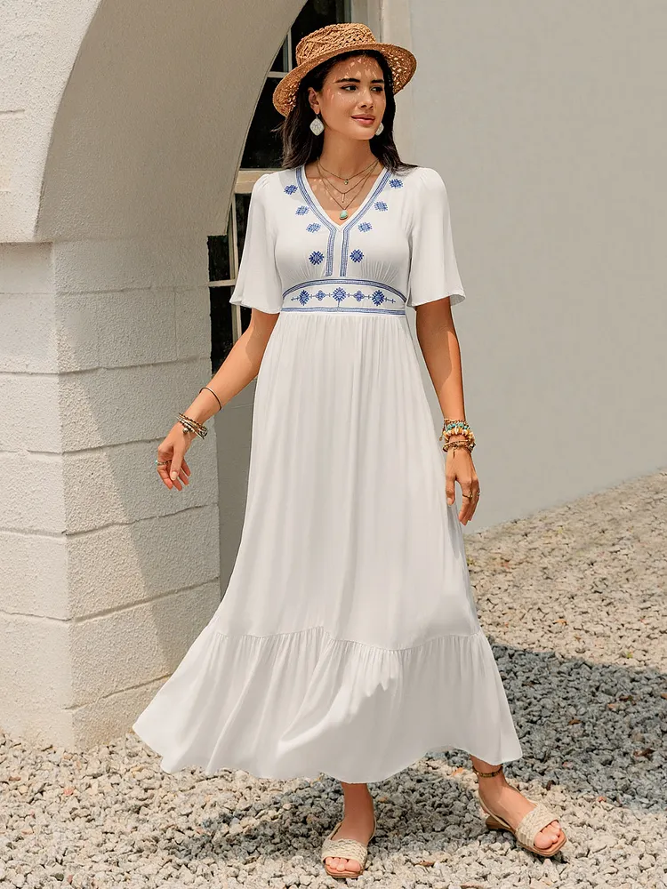 Ruffled Hem V-Neck Flutter Sleeve Dress