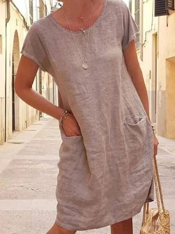 Mature Women Plus Size New Loose Solid Color Pocket Short Sleeve Round Neck Cotton And Linen Dress
