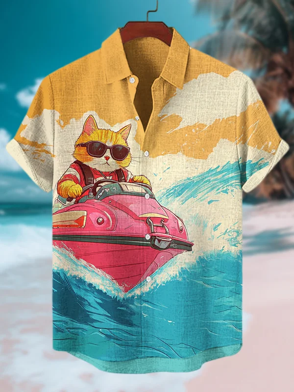 Men's A Cat Drives A Motorboat On The Sea Print Casual Shirt