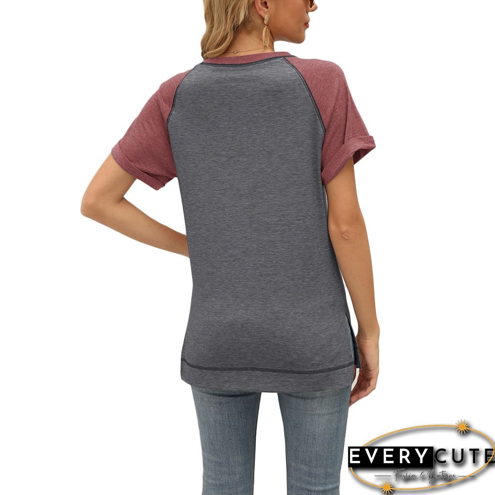 Dark Gray Patchwork Cotton Blend Short Sleeve Tees