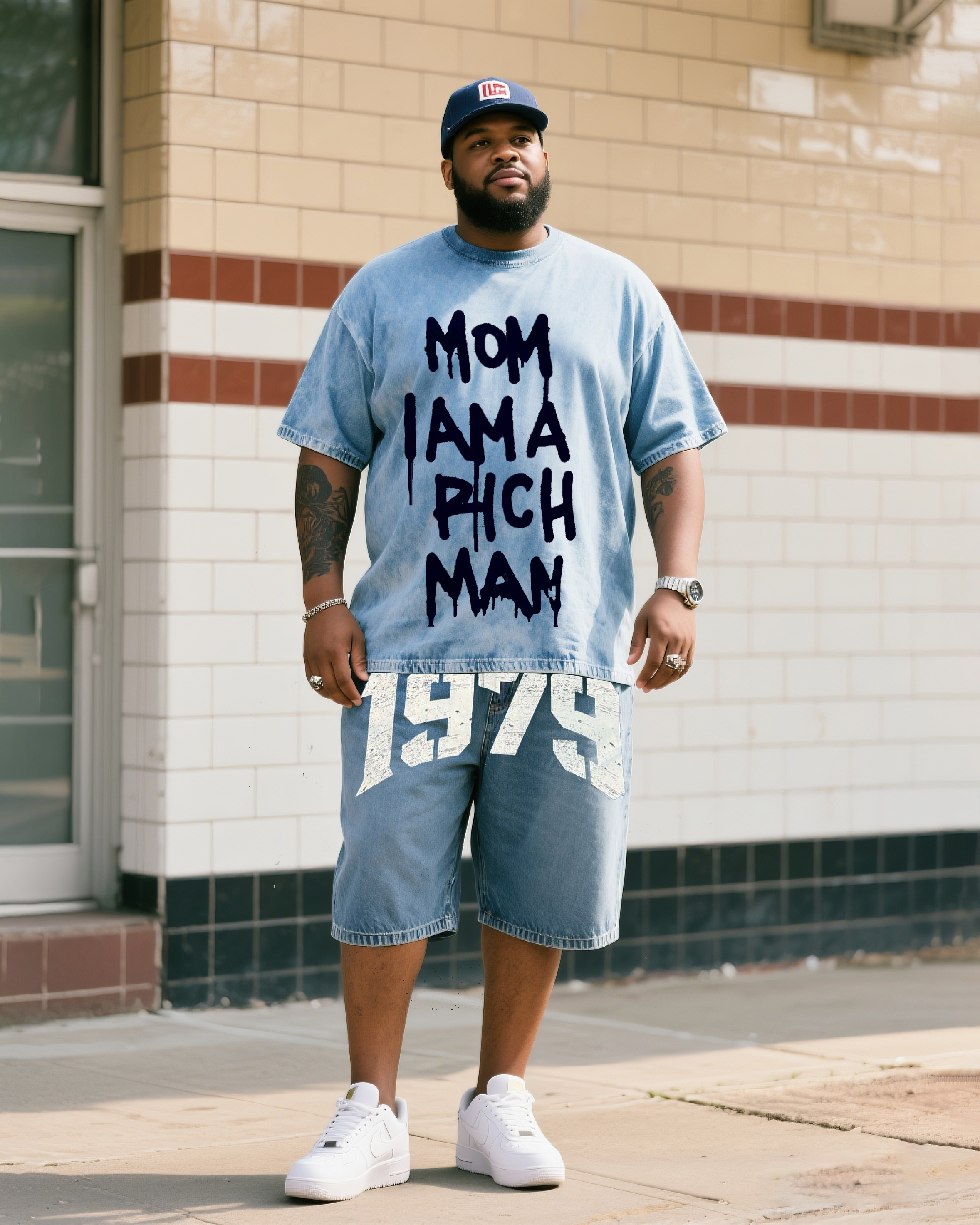 Big Print Mom, I'm Rich. Short Sleeve Shorts Denim Suit