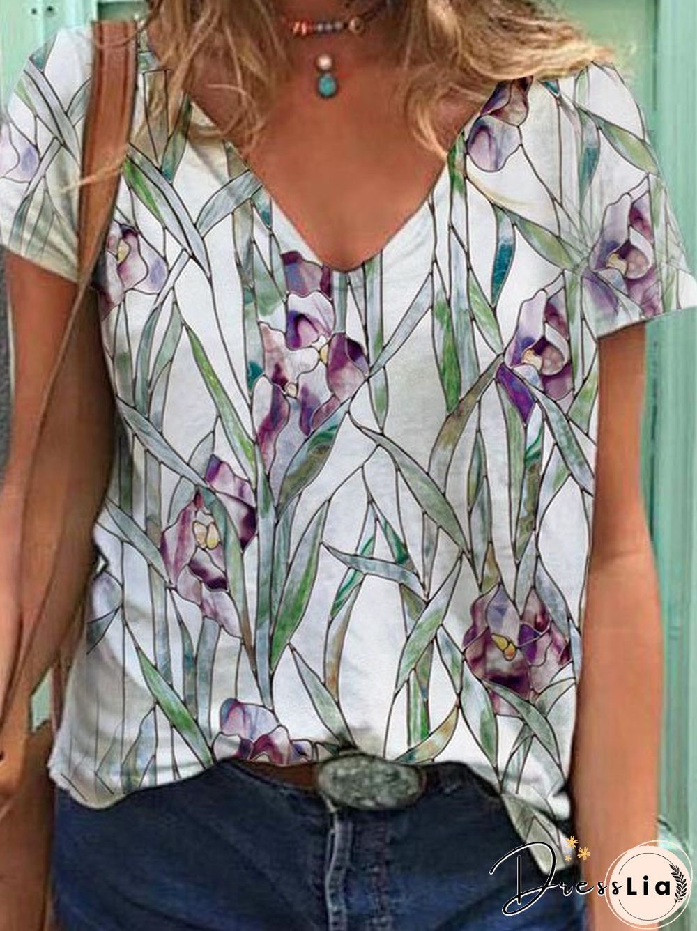 Short Sleeve Cotton-Blend Shift Floral T-shirt