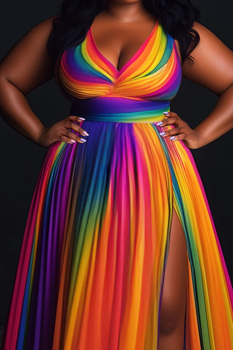 Xpluswear Design Plus Size Formal Rainbow Sundress Gradient V Neck Split Maxi Dresses [Pre-Order]