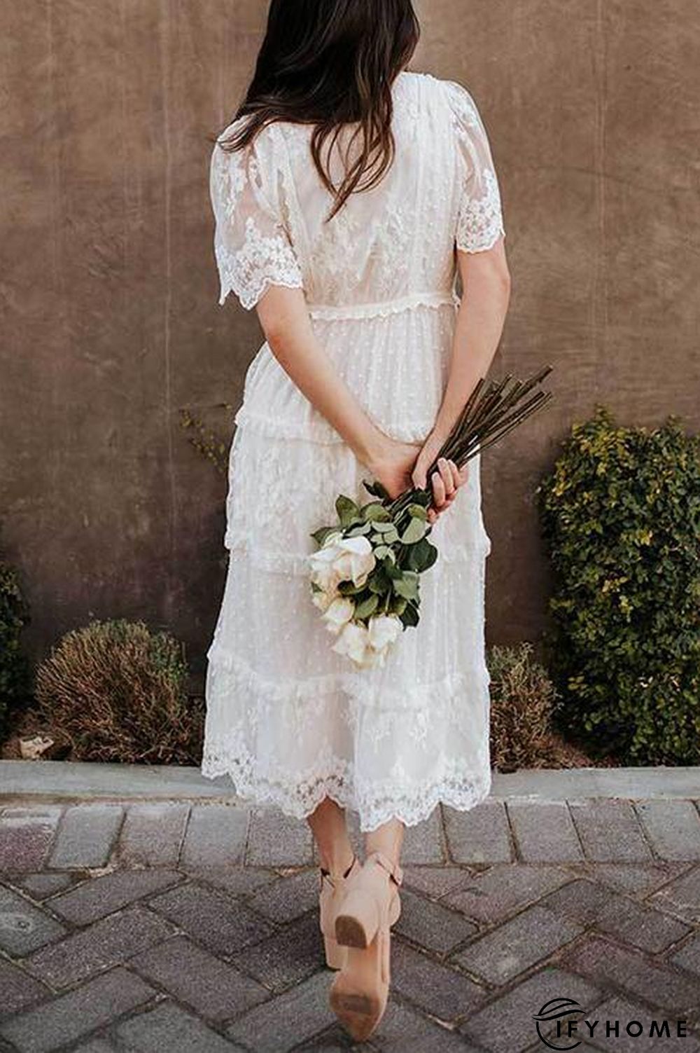 Button Lace V Neck Short Sleeve Maxi Dress | IFYHOME