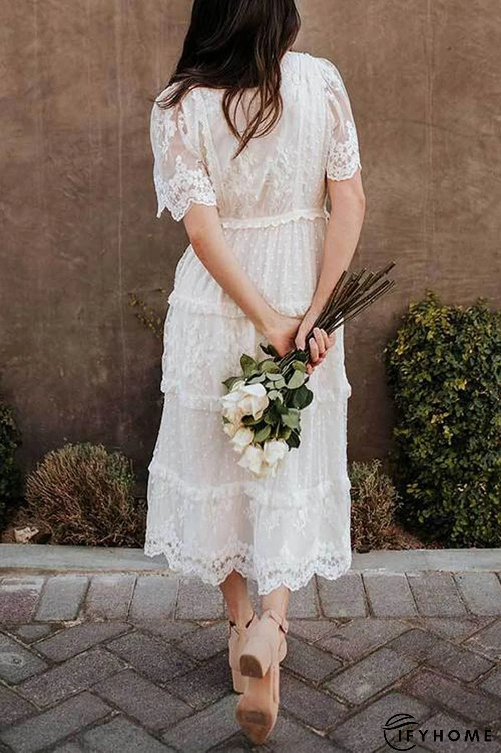 Button Lace V Neck Short Sleeve Maxi Dress | IFYHOME