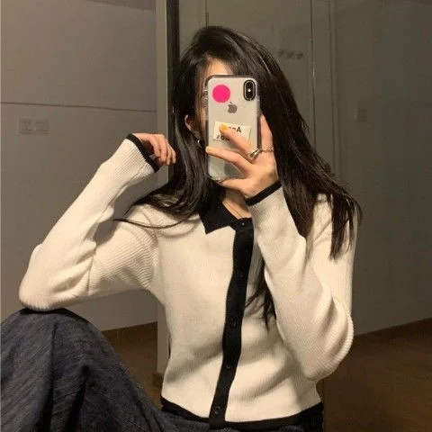Cardigans Women Turn Down Collar Crop Top Patchwork Slender All-match Fashion Vintage Korean Style Girls Sexy Sweaters Autumn