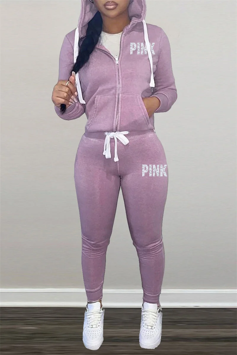 Fashion Casual Letter Print Cardigan Pants Hooded Collar Long Sleeve Two Pieces
