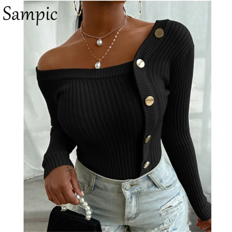 Sampic Sexy Women Buttons Patchwork White Knitted Jumper Sweaters Long Sleeve Off Shoulder Thin Skinny Autumn 2020 Basic Tops