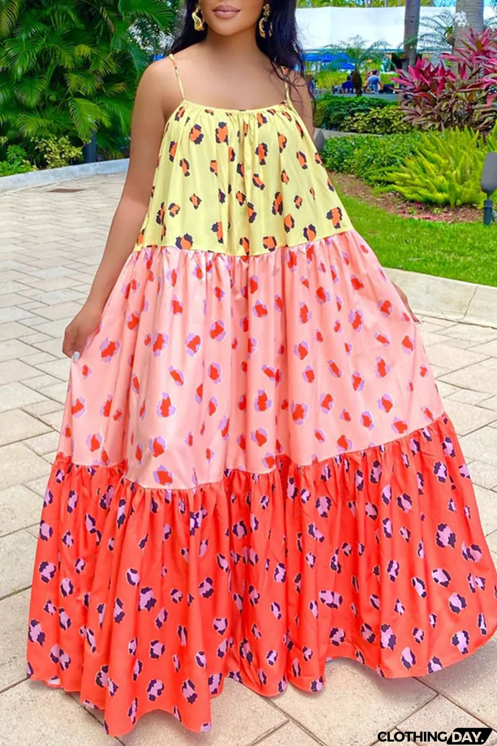 Pink Casual Sweet Print Split Joint Spaghetti Strap A Line Dresses