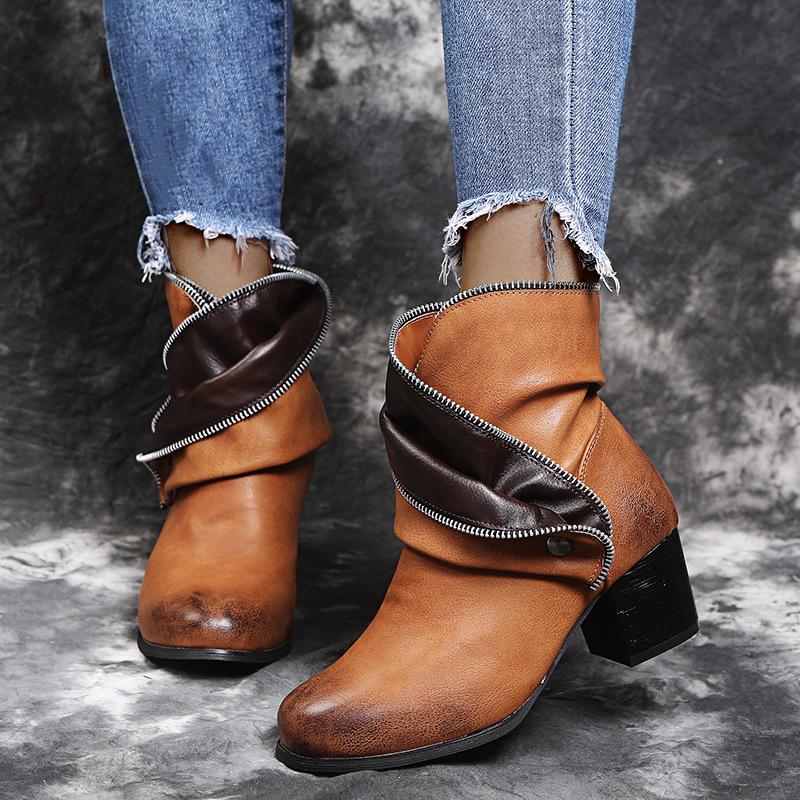 Women retro flower cuff chunky block heel booties | Ethnic fall/winter ankle boots