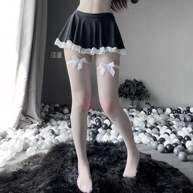 Sexy Women's Beautiful Satin Bow Thigh High Black White Stay Up Hosiery Silk Stockings Ladies Lace Over The Knee Socks For Daily