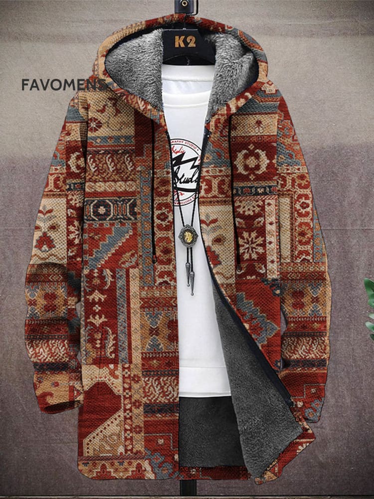 Men’s Retro Native Pattern Print Hooded Two-Pocket Fleece Cardigan Jacket(A) / Brown M