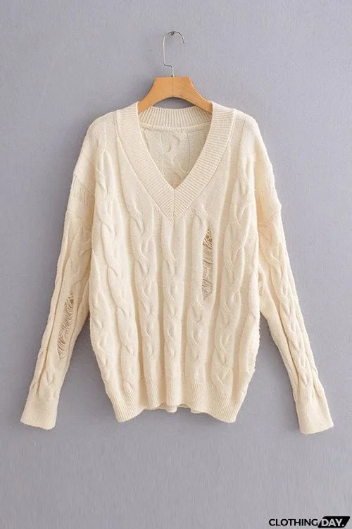 Ripped V Neck Sweater