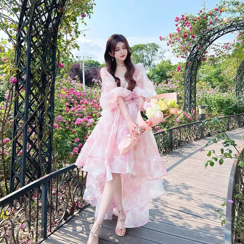 Aiertu Vintage Floral Sweet Midi Dress Women Irregular Elegant Puff Sleeve Fairy Dress Female Autumn Casual Beach Party Dress Chic Aiertu