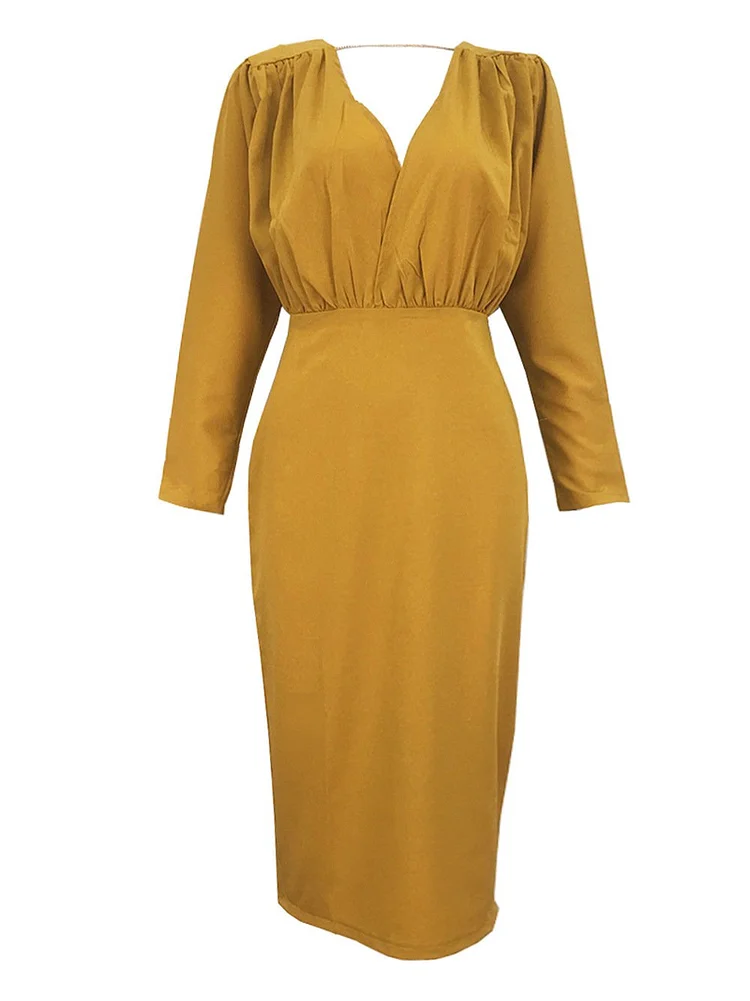 Promsstyle Yellow v neck long sleeves midi evening dress Prom Dress 2023