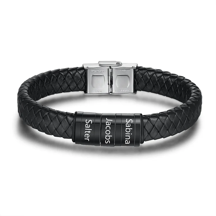 Men Leather Braided Bracelet Personalized with 3 Names Black