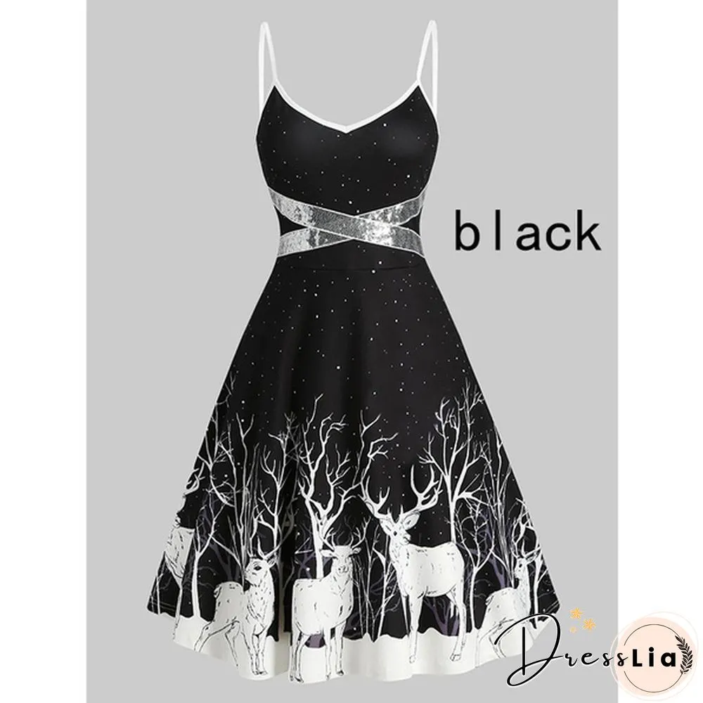 Christmas Deer Print Spaghetti Strap Dress Fashion Print Skater Dresses