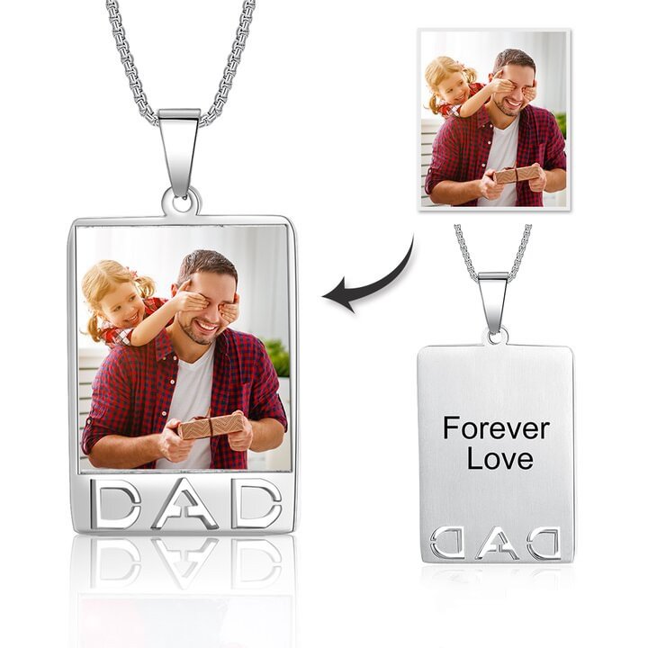 Square Picture Engraved Dog Tag Necklace With Engraving Silver, Custom Necklace with Picture and Text