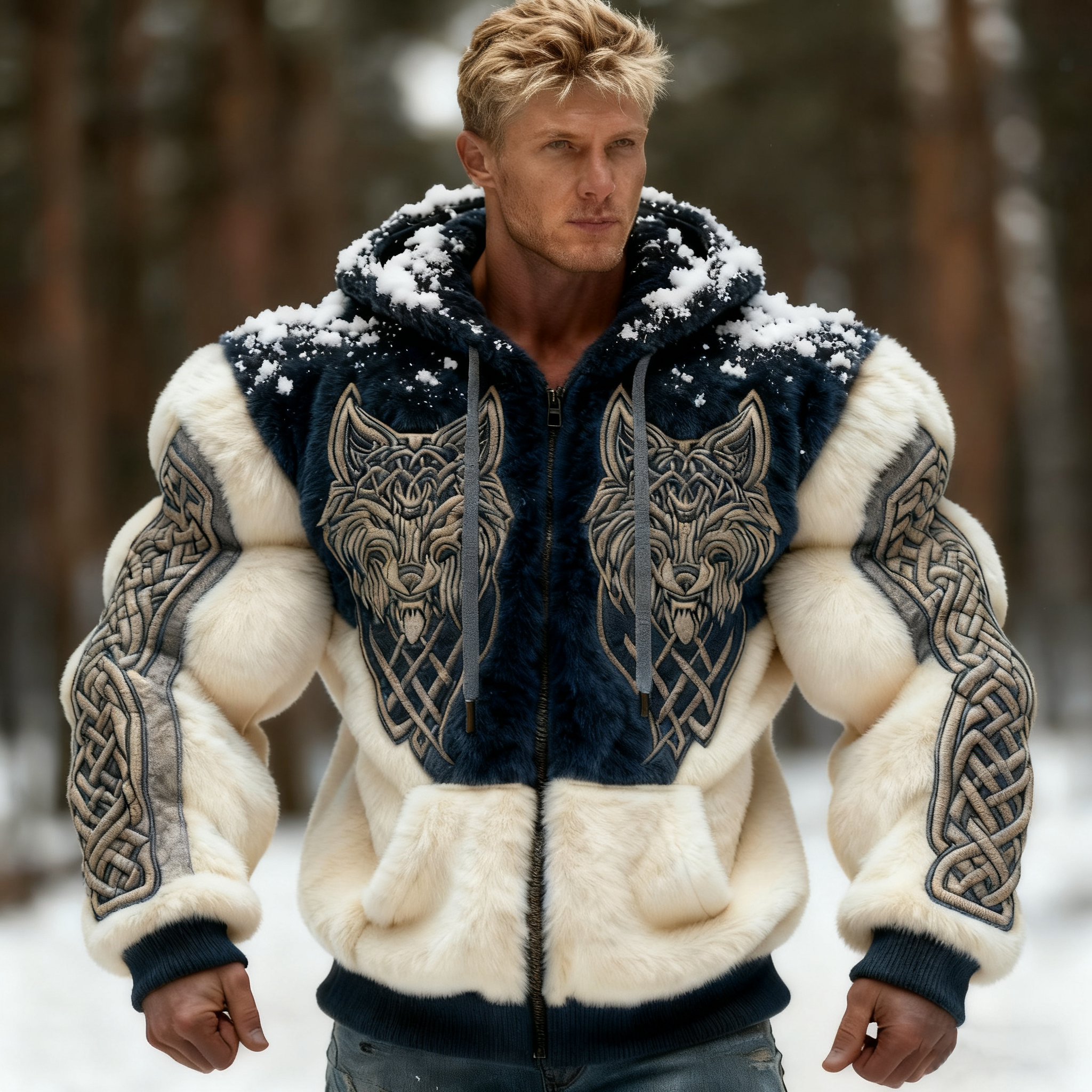 Men's Viking Wolf Style Celtic Art Cozy Flannel Zip-up Hoodie elevenforest