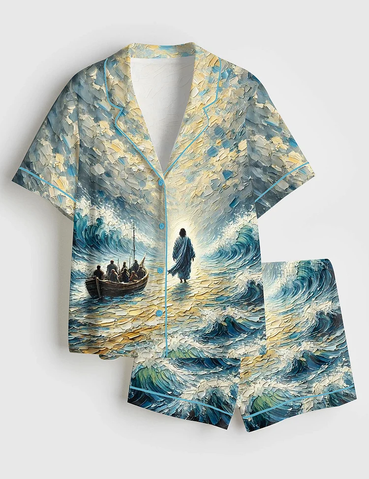 Women&rsquo;s Easter Christian Jesus Walking In The Ocean Print Short Sleeve Satin Pajama Set