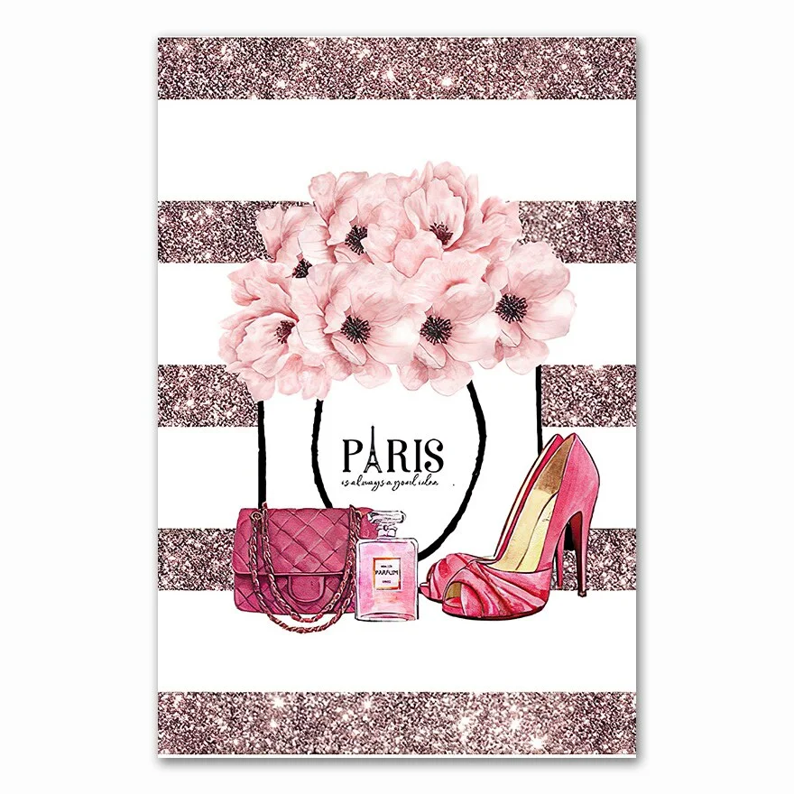 Pink Flower Perfume Fashion Poster Eyelash Lips Makeup Print Canvas Art Painting Wall Picture Modern Girl Room Home Decoration