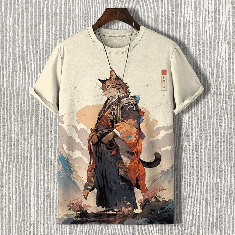 Men'S Edo Cat Samurai Warrior Japanese Art Print Casual T-Shirt
