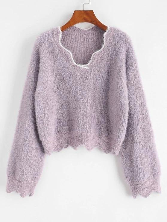Fuzzy Knit Drop Shoulder Contrast Trim Sweater