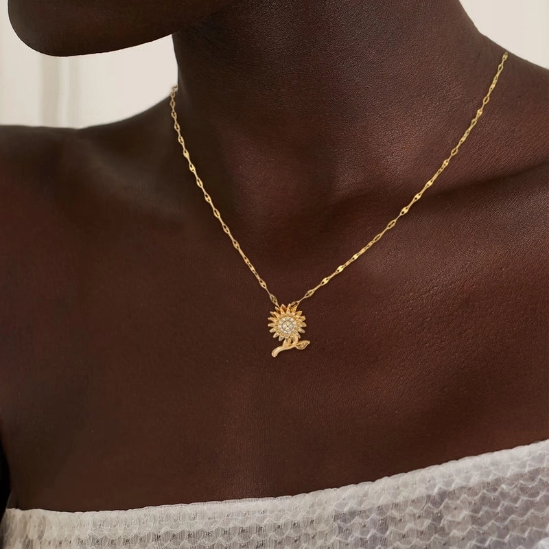 304 Stainless Steel Copper 18K Gold Plated Inlay Sunflower Zircon Pendant Necklace
