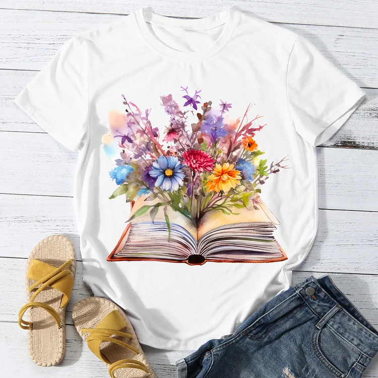 Flowers With Book Casual Round Neck T-Shirt -BSTC1630