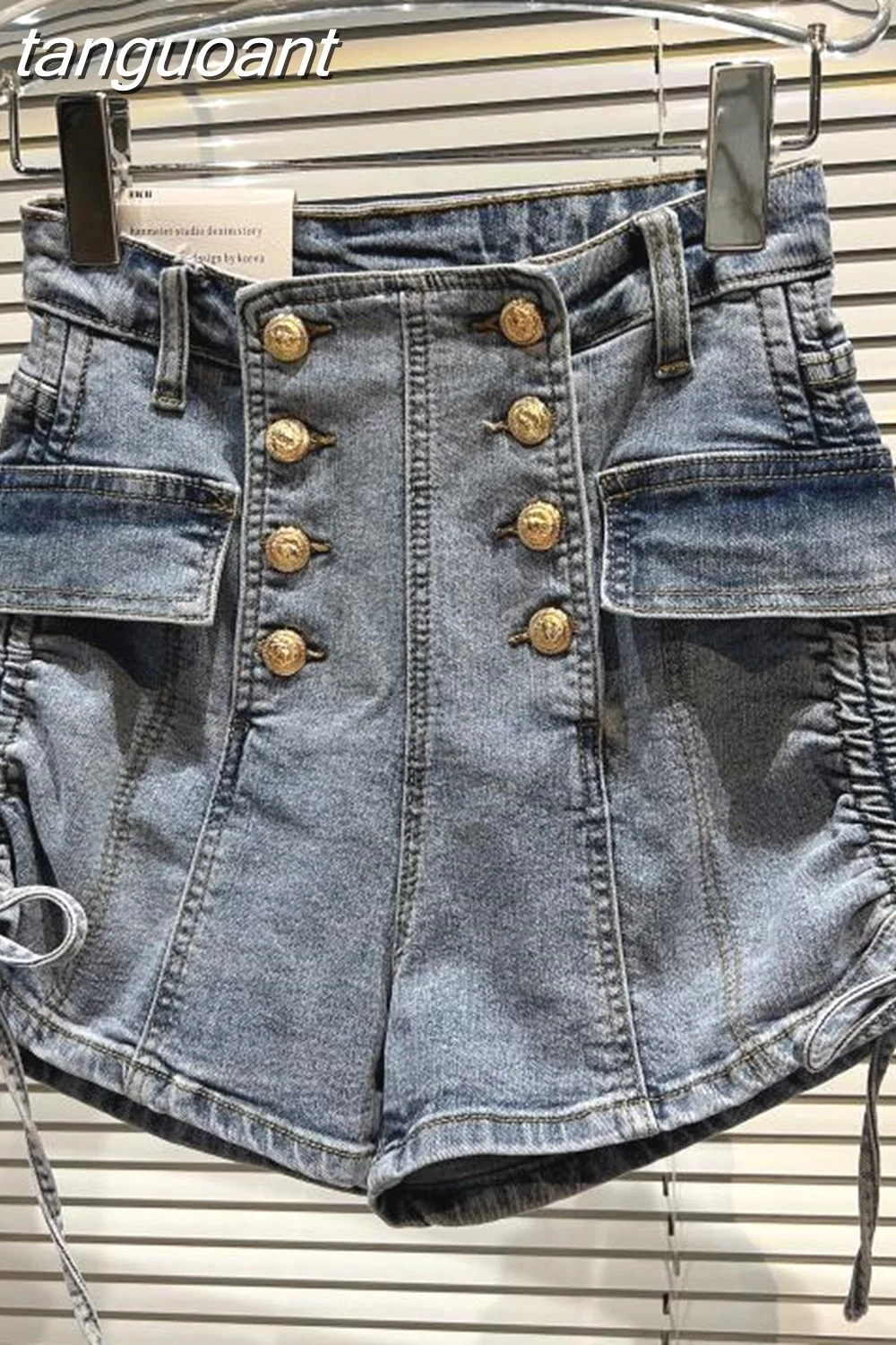 tanguoant Hotsweet High Waist Lace-up Sheath Solid Denim Shorts Women's Casual Pockets Sexy Slim Fit Y2K Streetwear Jean Short