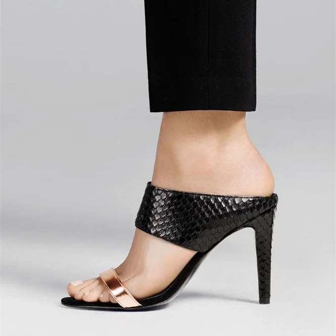 Black Python Open Toe Stiletto Heel Mules Sandals |FSJ Shoes