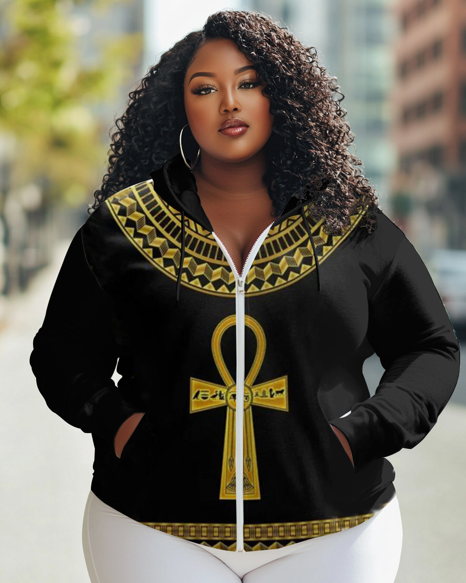 Egyptian Peace Totem Print Long Sleeve Zipper Hoodie