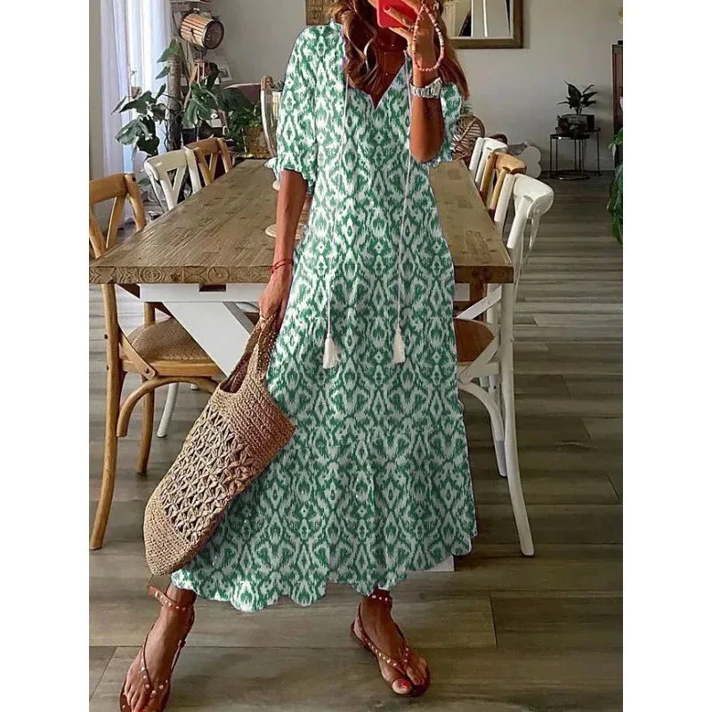 Oocharger Elegant Boho Floral Print Beach Long Dresses For Women Fashion RufflesV-neck Short Sleeve Casual Sweet Loose Maxi Dress