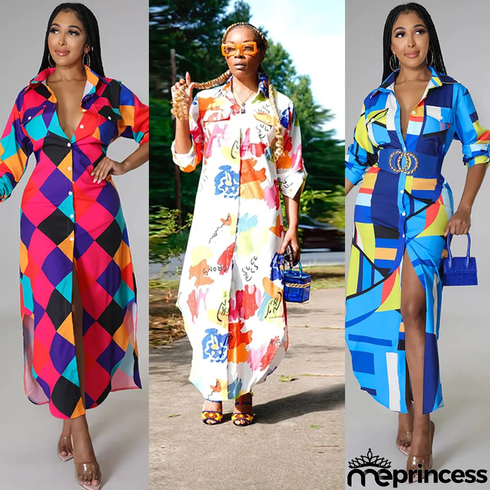 Women Spring Summer Autumn Fashion Sexy Long Shirt Print Casual Long Dress