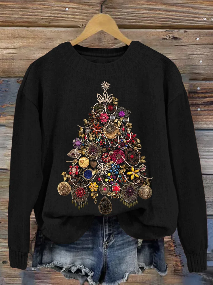 Comstylish Vintage Jewelry Christmas Tree Art Comfy Knit Sweater