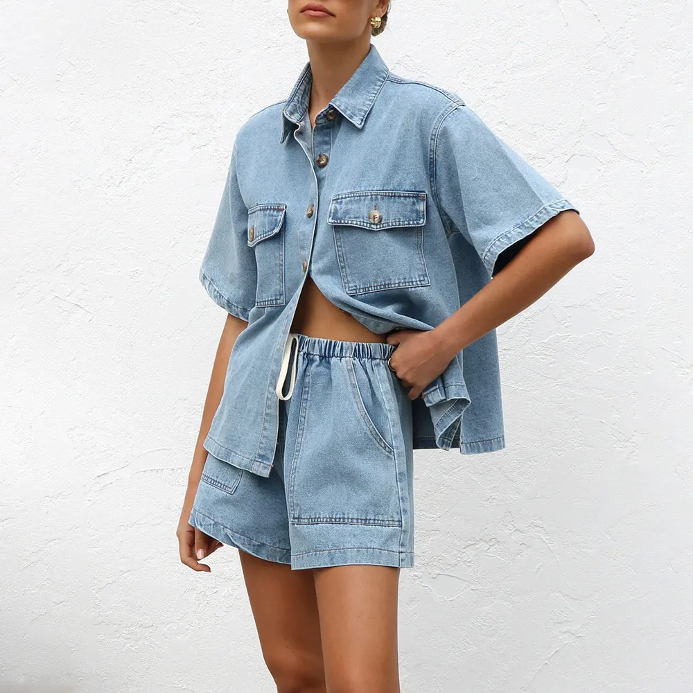 Retro Casual Loose Pockets Short Sleeved Shirt Shorts Denim Two Piece Sets