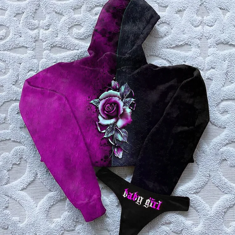 Sexy Rose Babygirl Printed Sports Suit Cropped Hoodie Suit Set