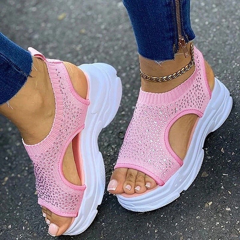 2021 Women Sandals Women Sport Shoes Sneakers  Shiny Crystal Sneakers Vulcanized Shoes Plus Size Non-slip Summer Ladies Sandals