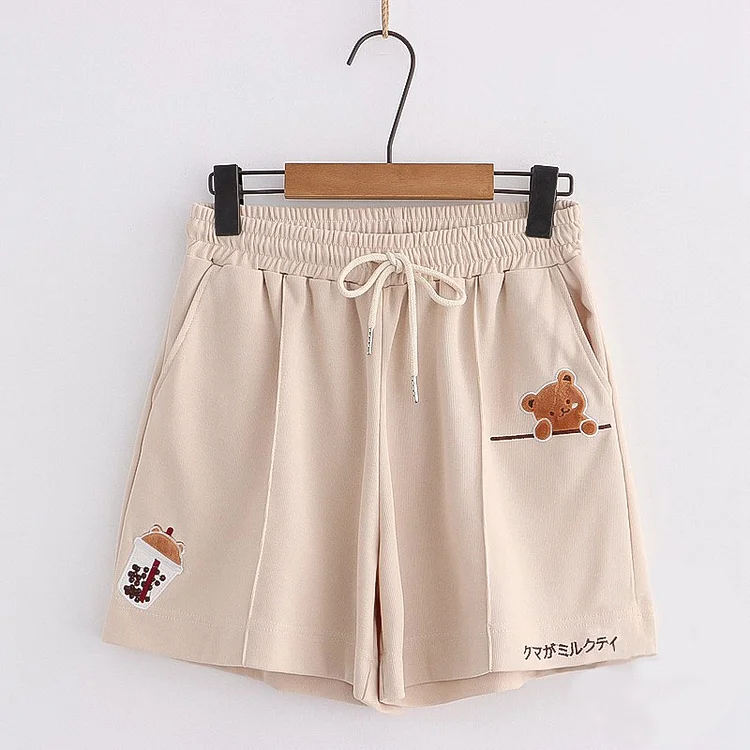 Bear Embroidery Pocket Drawstring Shorts
