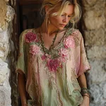 Boho Pink Roses 3d Embroidered Glitter Gradient Linen Shirt - Image 2