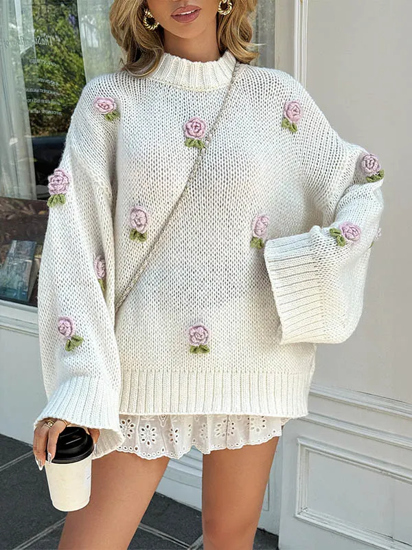 Contrast Color Split-Joint Three-Dimensional Flower Long Sleeves Loose Mock Neck Sweater Tops Pullovers