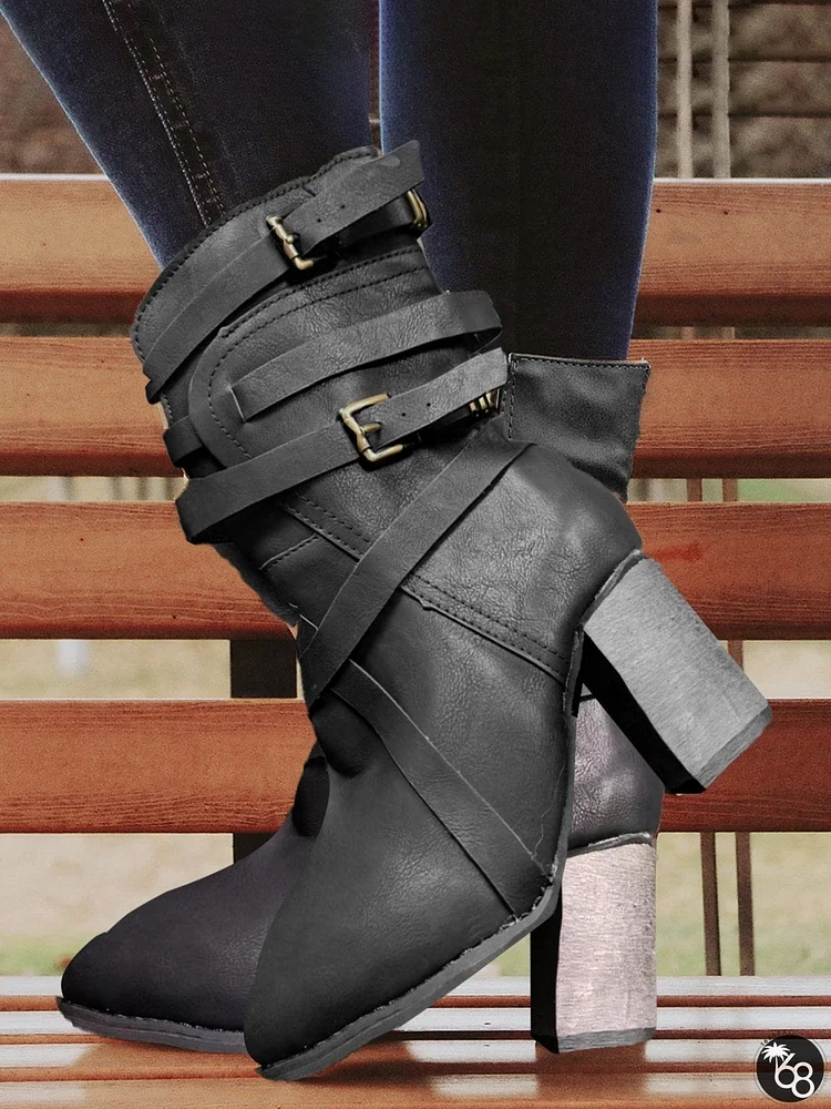 Vintage  Buckle Strap Chunky Heel Riding Boots | 168DEAL