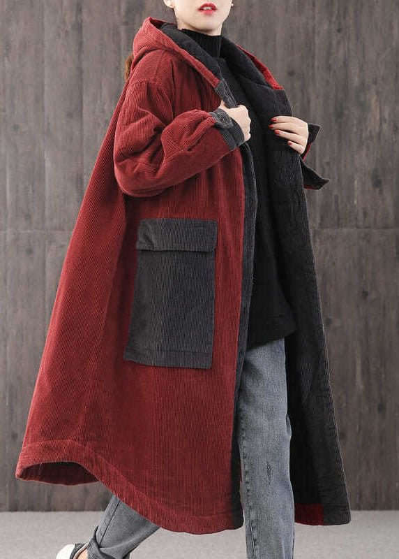 Elegant Red hooded Pockets Button Winter Coat Long sleeve CK1432- Fabulory