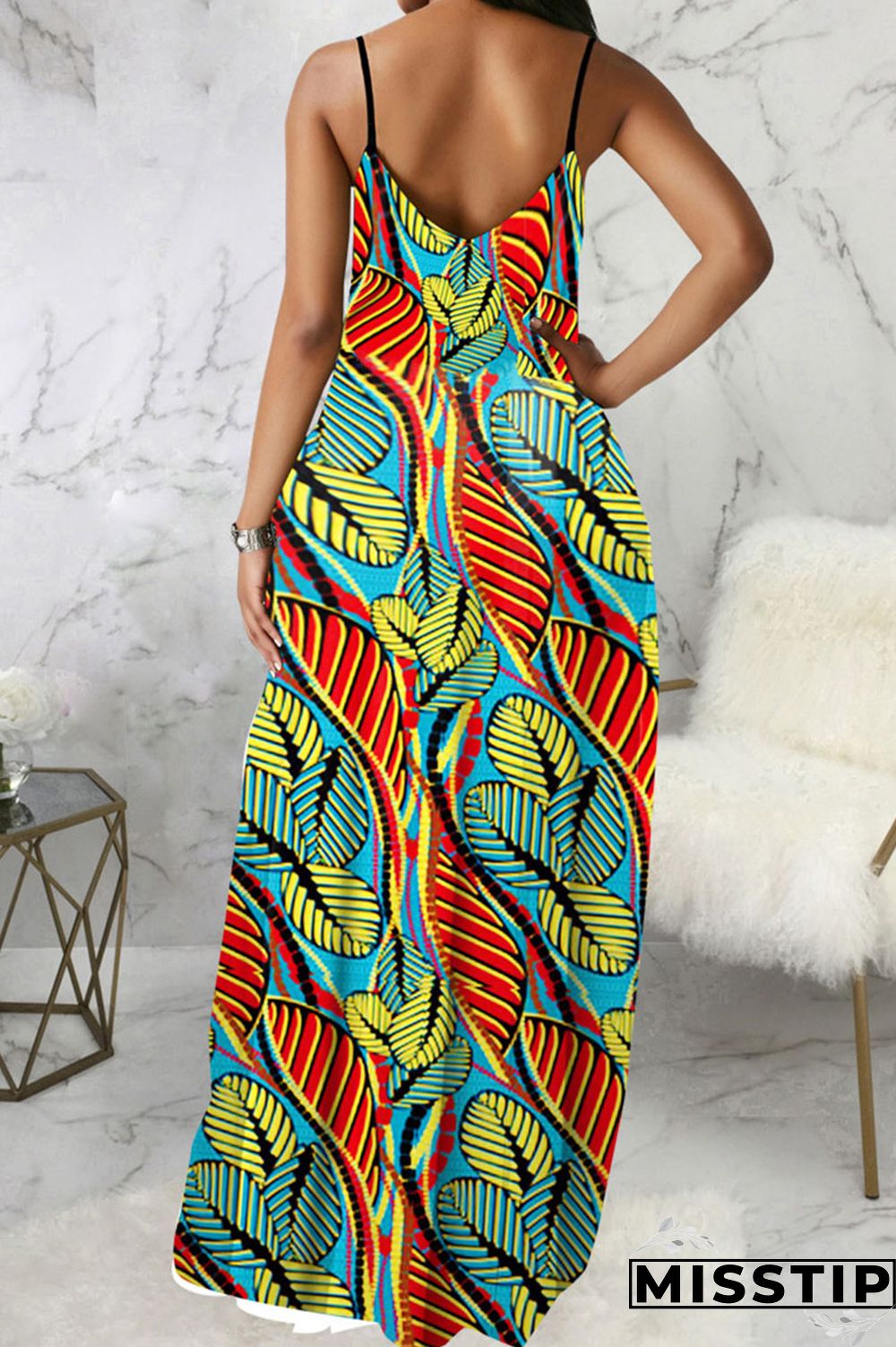 Blue Black Casual Print Patchwork Spaghetti Strap Sling Dress Dresses