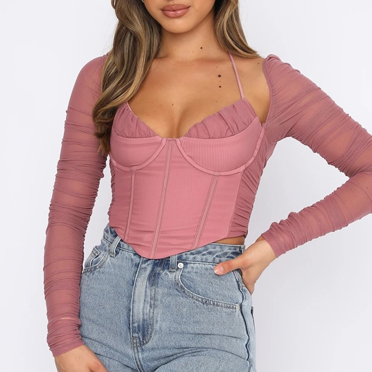 Women's Sexy Mesh See-through Halter Long-sleeved T-shirt Top