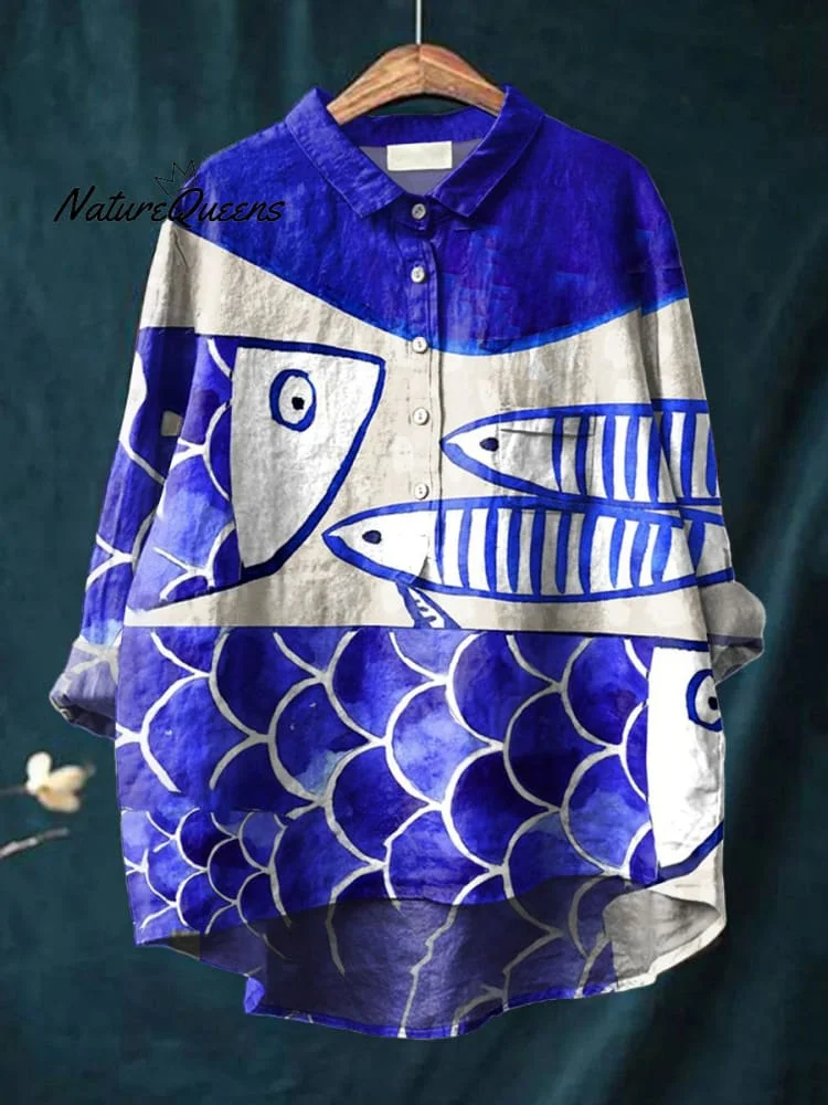 Women's Fish  Art Print Casual Cotton And Linen Shirt