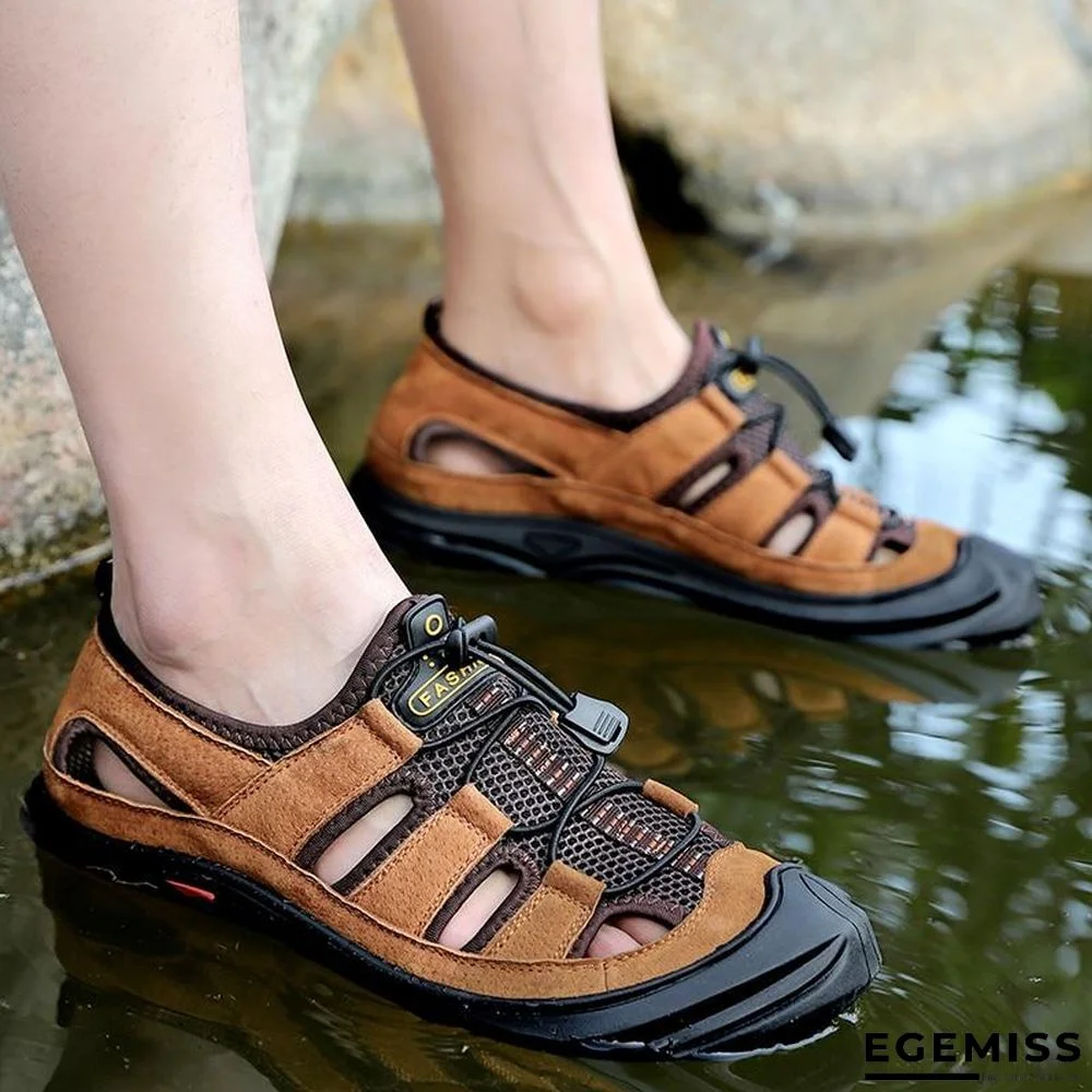 Men Leather&Mesh Outdoor Sandals Summer Breathable Beach Shoes | EGEMISS